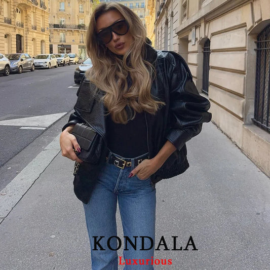 KONDALA Casual Chic Black Faux Leather Jacket Women Long Sleeve Button Oversized Coat 2025 Fall Streetwear