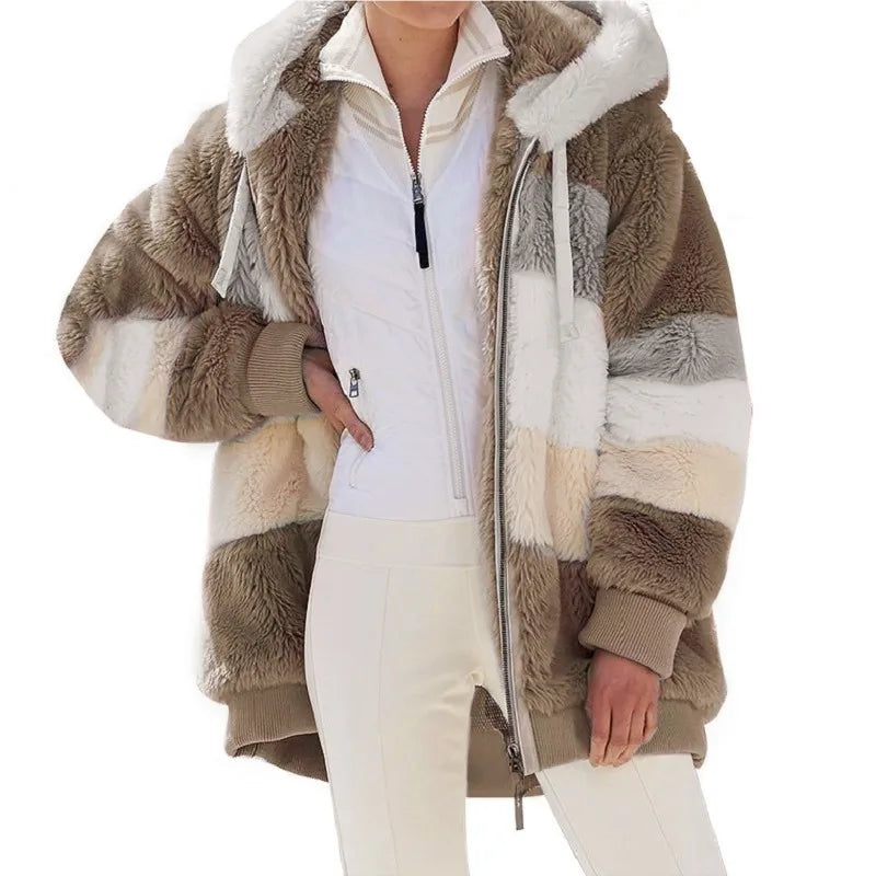Oversized Women's Autumn Winter Warm Plush Hooded Jacket with Pockets Streetwear Loose Outerwear