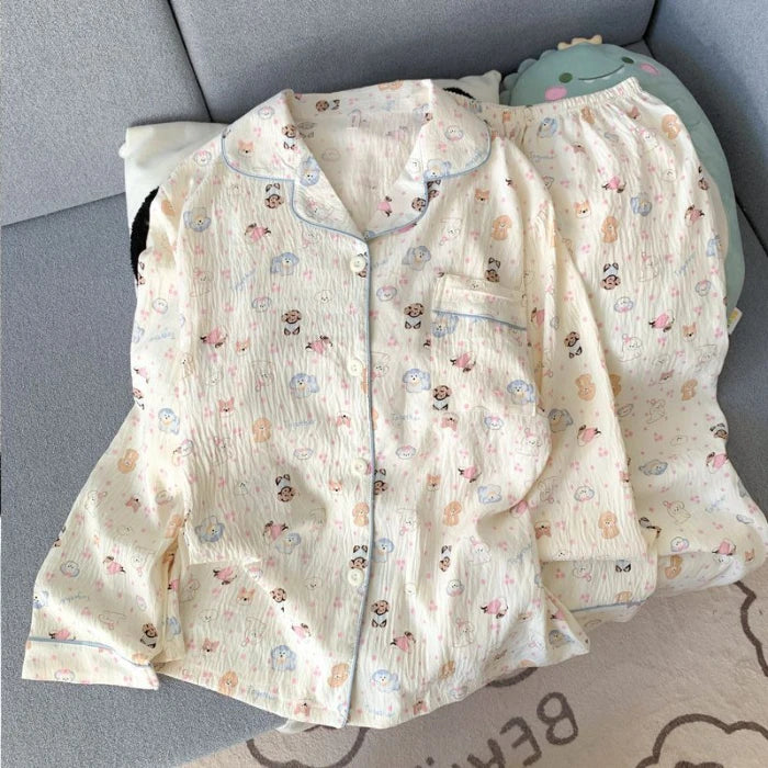 Autumn Women's Plaid Pajama Set | Korean Style Embroidered Dog 2-Piece Soft Vintage Sleepwear