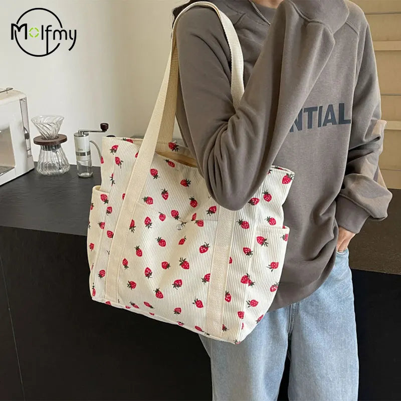 Women’s Strawberry Corduroy Handbag • Cute Fashion Shoulder Tote • Versatile Casual & Commuter Bag