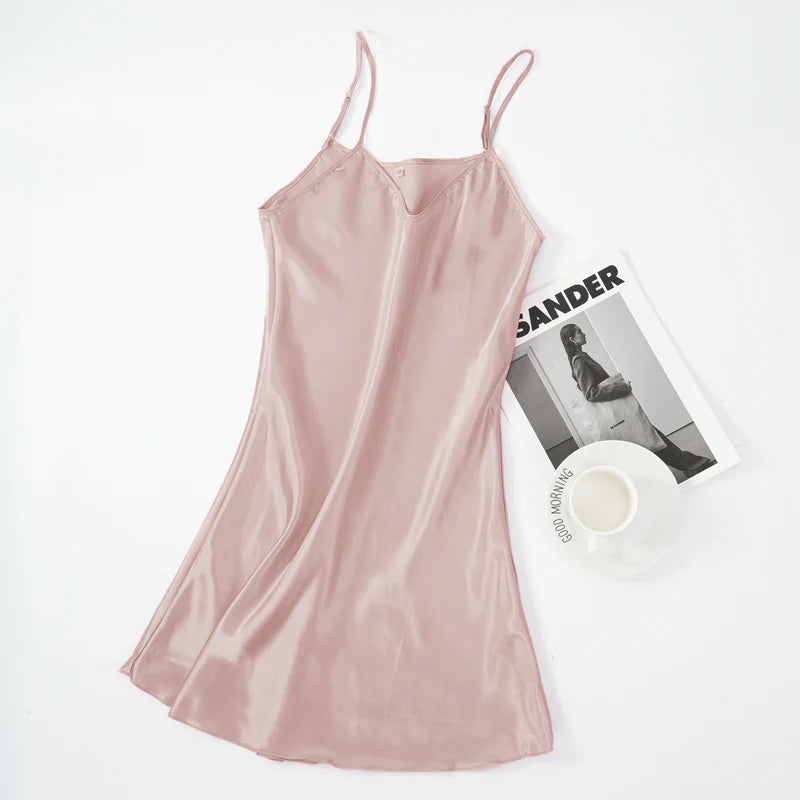 Women's Satin Nightgown | Faux Silk Sleeveless Nightdress with Spaghetti Straps | Solid V-Neck Sleepwear