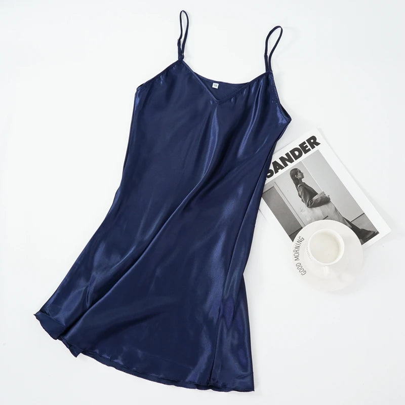 Women's Satin Nightgown | Faux Silk Sleeveless Nightdress with Spaghetti Straps | Solid V-Neck Sleepwear