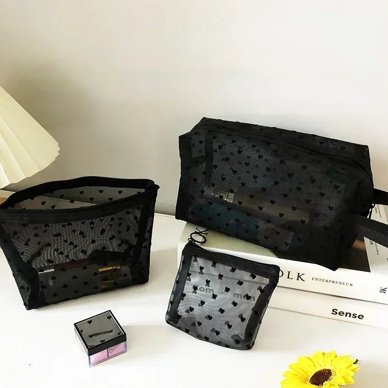 Nylon Mesh Cosmetic Bag | Heart-Shaped Toiletry Organizer for Women | Multi functional Makeup, Lipstick, Key & Coin Pouch
