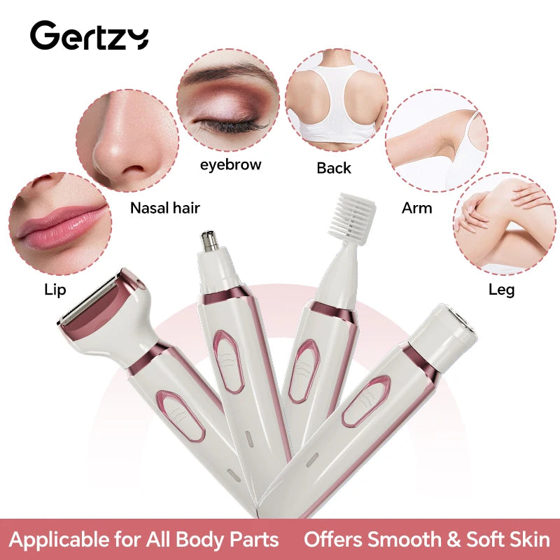 ماكينة حلاقة كهربائية قابلة لإعادة الشحن 4 في 1 للنساء - للوجه والأنف والساقين والإبطين ومنطقة البكيني، مجموعة عناية جافة ورطبة بدون ألم