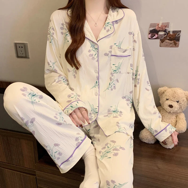 Women's Pink Bow Pajama Set | Harajuku Style Long Sleeve Top & Elastic Waist Pants Sleepwear
