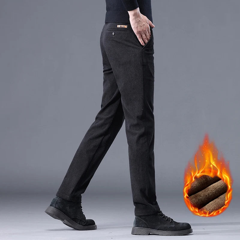 Men's Corduroy Casual Pants – Fleece-Lined Thick Stretch Business Trousers Winter Thermal