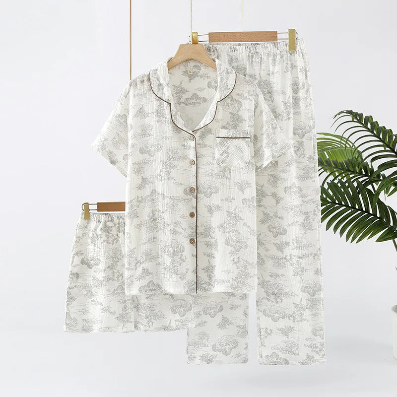 Summer Women's Pajama Set | 3-Piece 100% Gauze Cotton Sleepwear with Short Sleeve Top, Long Pants & Shorts