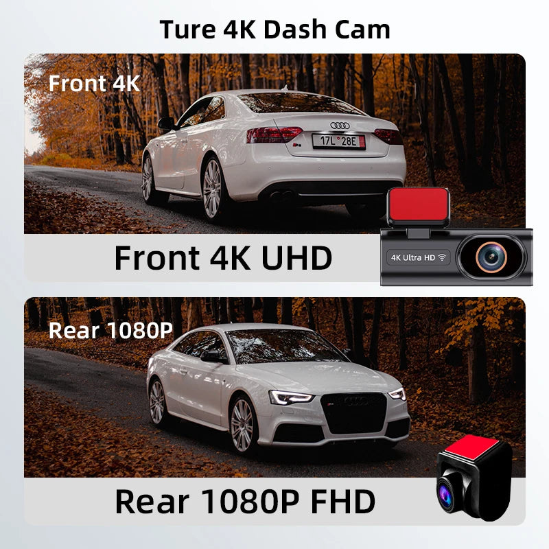 Ultra HD 4K Dash Cam – Loop Recording, 24H Parking Monitoring, Night Vision, Rear Camera Support, WiFi & APP Control