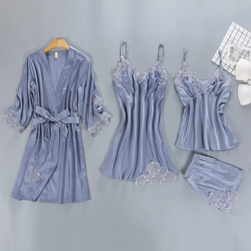 1/4/5PCS Women's Satin-Like Robe & Pajama Set | Lace V-Neck Cami Nightdress | Comfortable Home Sleepwear