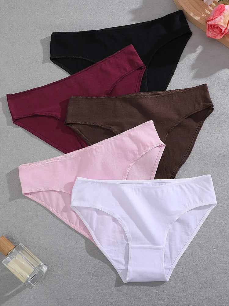 FINETOO 5PCS Set Women's Cotton Lingerie Panties S-XL Sexy Solid Color Underwear Briefs