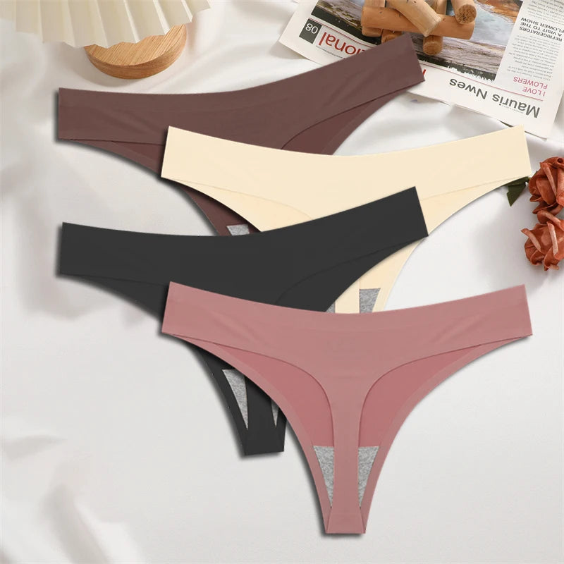 FINETOO 4PCS Women's Ice Silk Seamless Low Waist Thongs Sexy Solid Color Stretch Lingerie