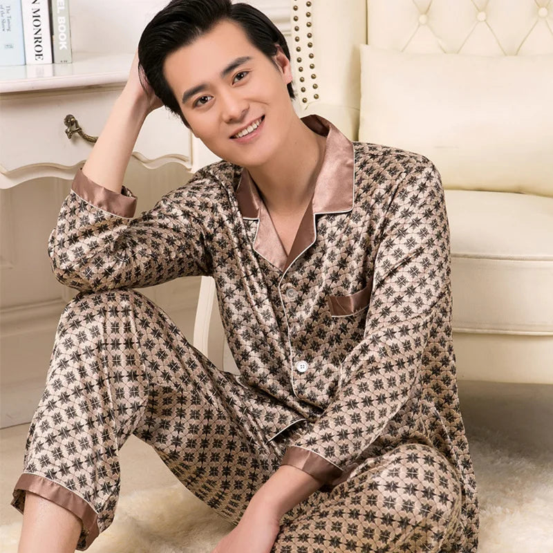 Men's High Quality Pajama Set | Spring & Autumn Thin Ice Silk Polyester Sleepwear | Long Sleeve Plus Size Summer Homewear