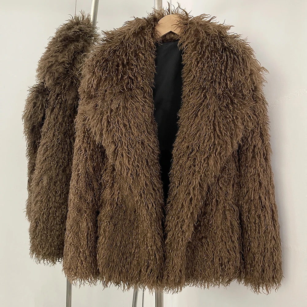 New Winter Women's Faux Mongolia Sheep Fur Coat Warm Thick Long Sleeve Artificial Fur Jacket