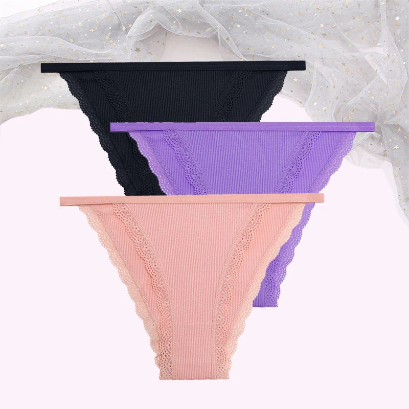 FINETOO Women's Cotton Lace Panties 3PCS Set S-XL Comfortable Soft Underwear Intimates