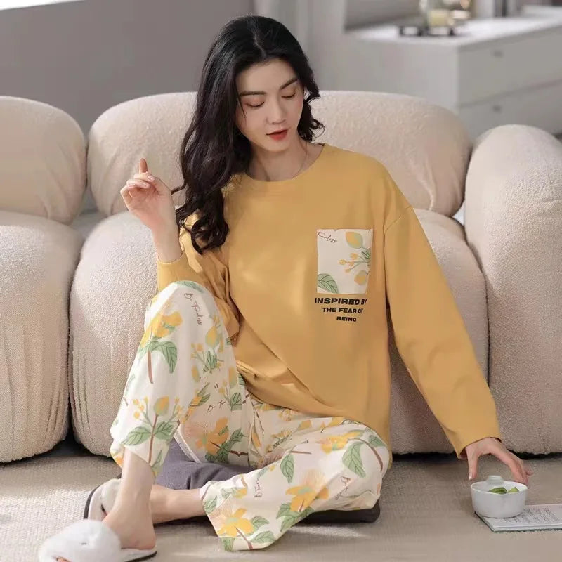 Plus Size Women's Pajama Set | Long Sleeve Top & Trousers | Autumn & Winter Cute Cartoon Bear Two-Piece Sleepwear