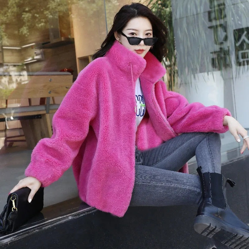 Winter Warm Double Coral Fleece Coat Women Stand Collar Plush Thick Loose Casual Long Sleeve Zipper Overcoat