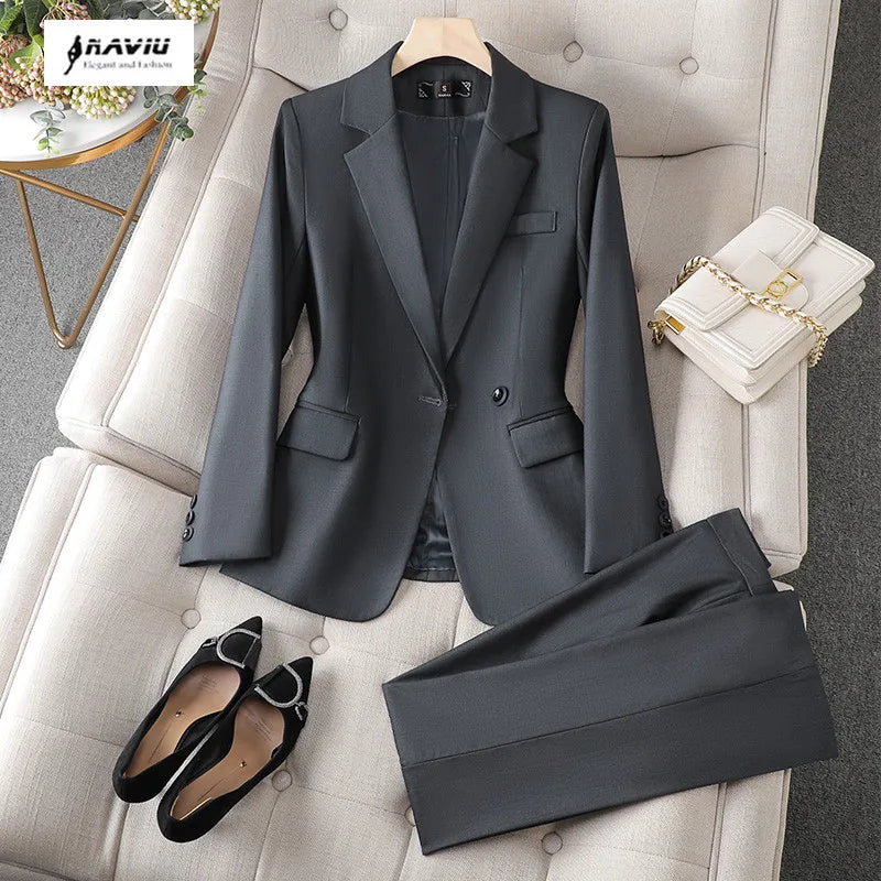 NAVIU Gray Women’s Slim Blazer & Pants Set – Autumn Professional Office Suit
