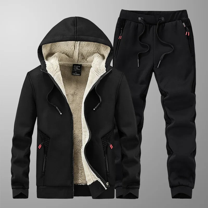 Men’s Winter Cashmere Fleece Tracksuit – Thick Warm Hooded Thermal 2-Piece Hoodie & Pants Set