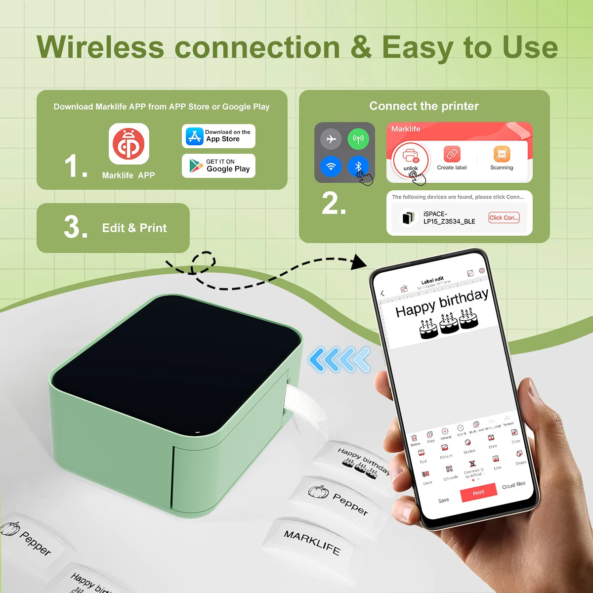 Marklife P15 Bluetooth Thermal Label Printer – Wireless Label Maker with Sticker Paper, Compatible with D11/D110/D101 Labels