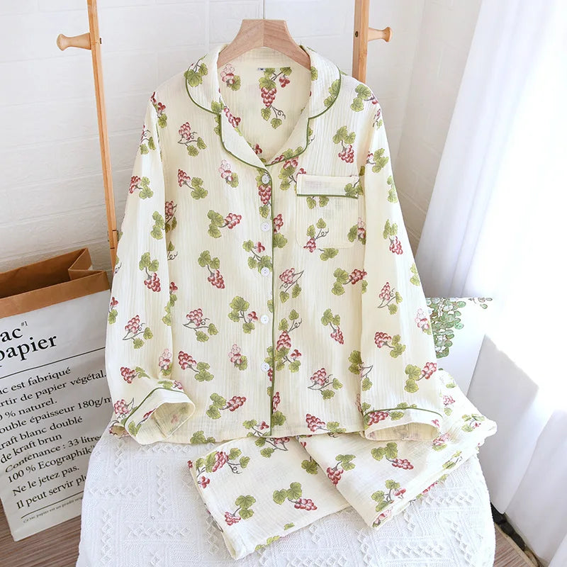 2025 Spring & Autumn Women's Pajama Set | 100% Cotton Crepe Long Sleeve Top & Pants | Cute Sweet Two-Piece Homewear