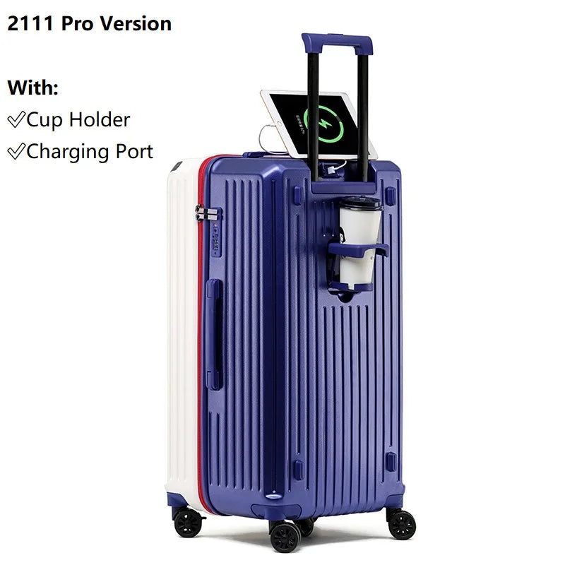 Large Capacity Luggage Suitcase | USB Charging Carry-On with Cup Holder for Women & Girls | Travel 20/24/26/28 Inch