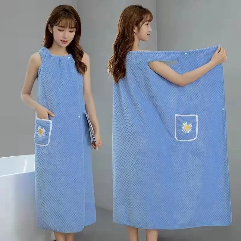 Women's Wearable Bath Towel Wrap - Absorbent Polyester Long Skirt Style Washable Bathrobe for Adults