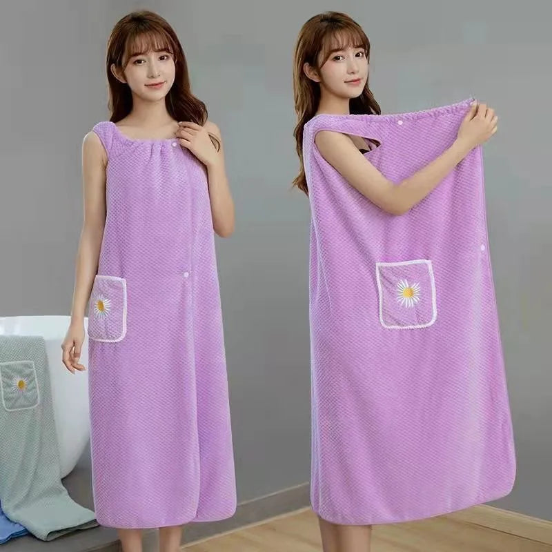 Women's Wearable Bath Towel Wrap - Absorbent Polyester Long Skirt Style Washable Bathrobe for Adults