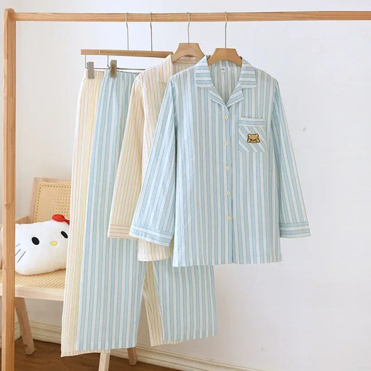 2025 Japanese Women's Striped Pajama Set | 100% Cotton Long Sleeve Two-Piece Sleepwear for Spring & Summer