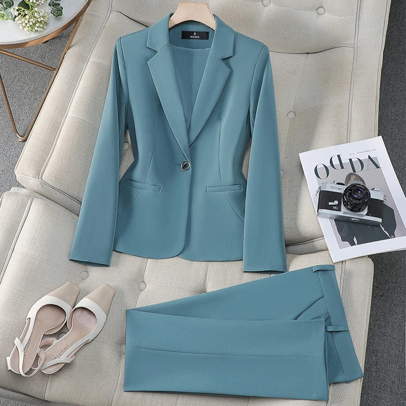 Women’s Single Buckle Blazer & Straight Pants Set – Spring Autumn Casual Suit