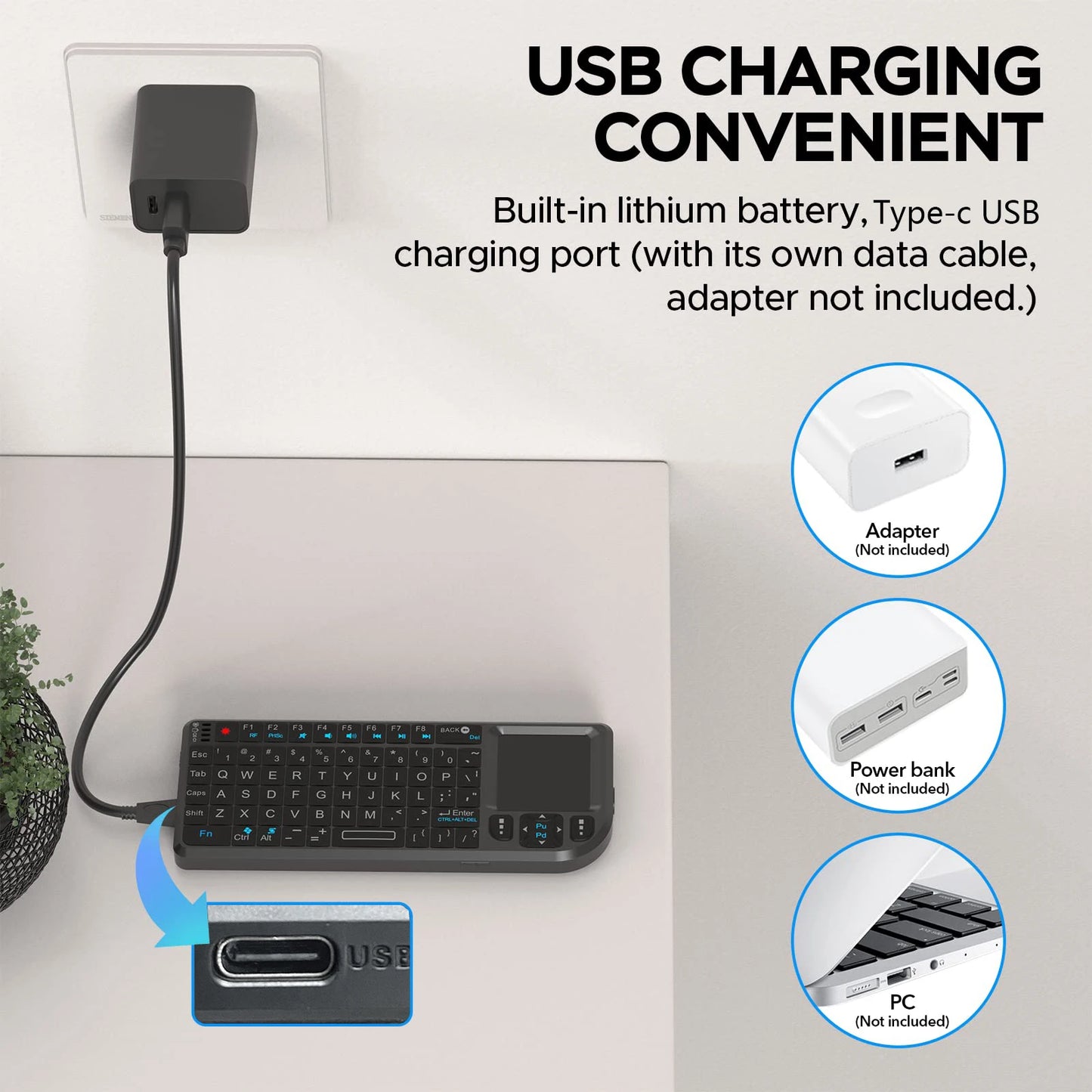 لوحة مفاتيح لاسلكية صغيرة MRSVI A8 - ماوس هوائي بإضاءة خلفية 2.4 جيجاهرتز لأجهزة Android TV Box والكمبيوتر الشخصي والمكتب (12 لغة)