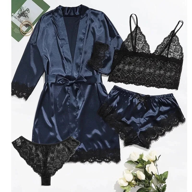 Women's Sexy Lace Trim Faux Silk Satin Pajama Set – Comfortable Loungewear