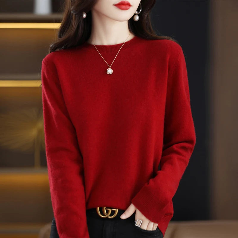 Fashion 100% Merino Wool Cashmere O-Neck Sweater Women Long Sleeve Knitwear