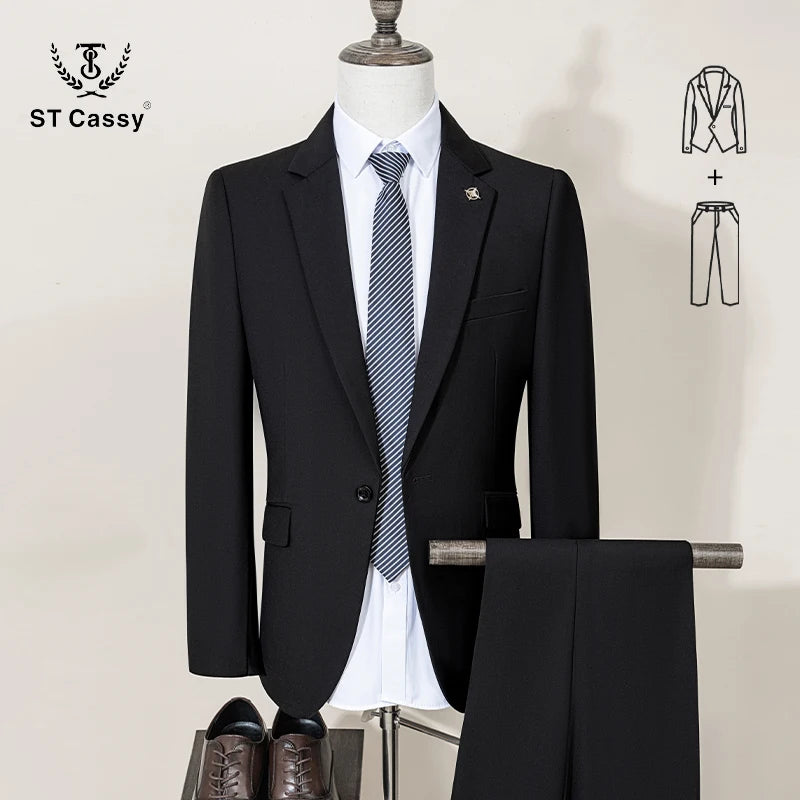 ST Cassy Men's Slim Fit 2-Piece Suit – Solid Color Formal Business & Office Wear