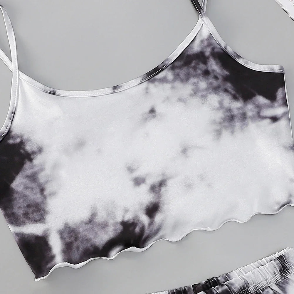 Women’s Sleepwear Pajama Set – Sexy Lingerie Tie-Dyed Print Sleeveless O-Neck Top & Shorts Nightwear