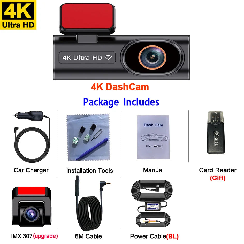 Ultra HD 4K Dash Cam – Loop Recording, 24H Parking Monitoring, Night Vision, Rear Camera Support, WiFi & APP Control