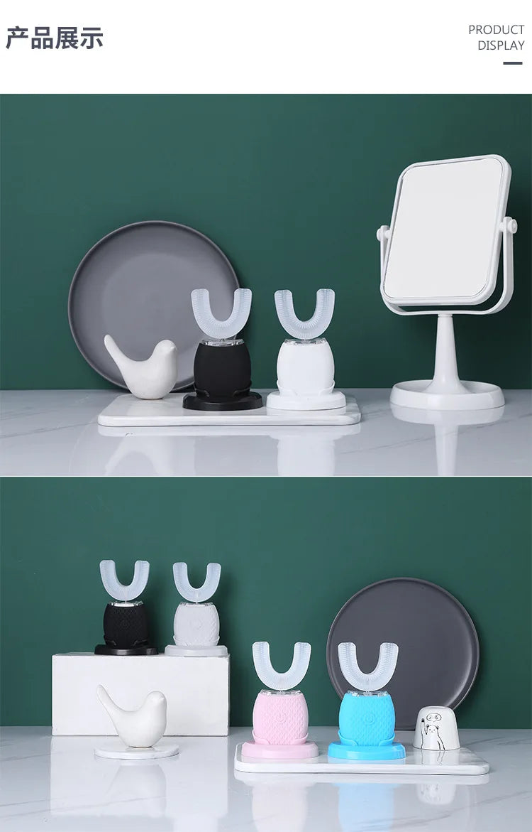 فرشاة أسنان كهربائية سونيك سيليكون على شكل حرف U - تبييض أسنان وتنظيف فم تلقائي بزاوية 360 درجة