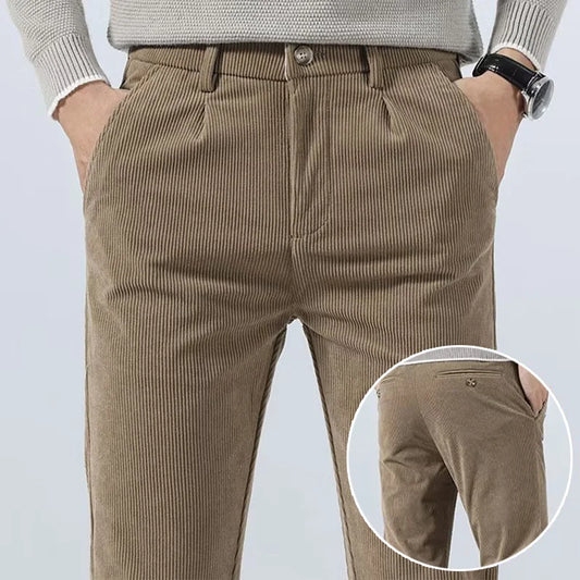 Men's High-Quality Corduroy Thermal Pants – Khaki Narrow Leg Casual Autumn Winter Trousers
