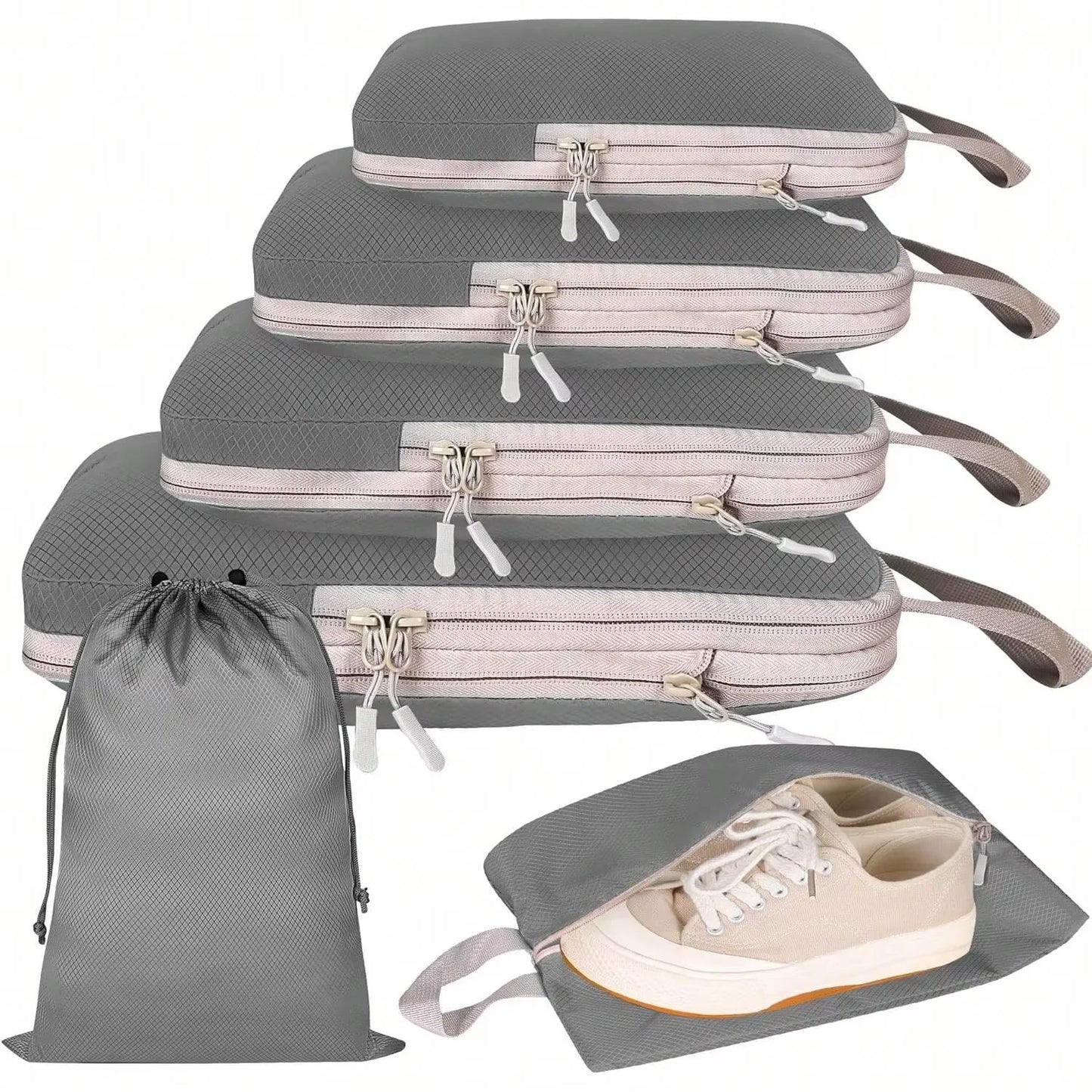 4 / 6 PCS Compressible Packing Cubes | Waterproof Nylon Travel Storage Bags with Handbag Luggage Organizer