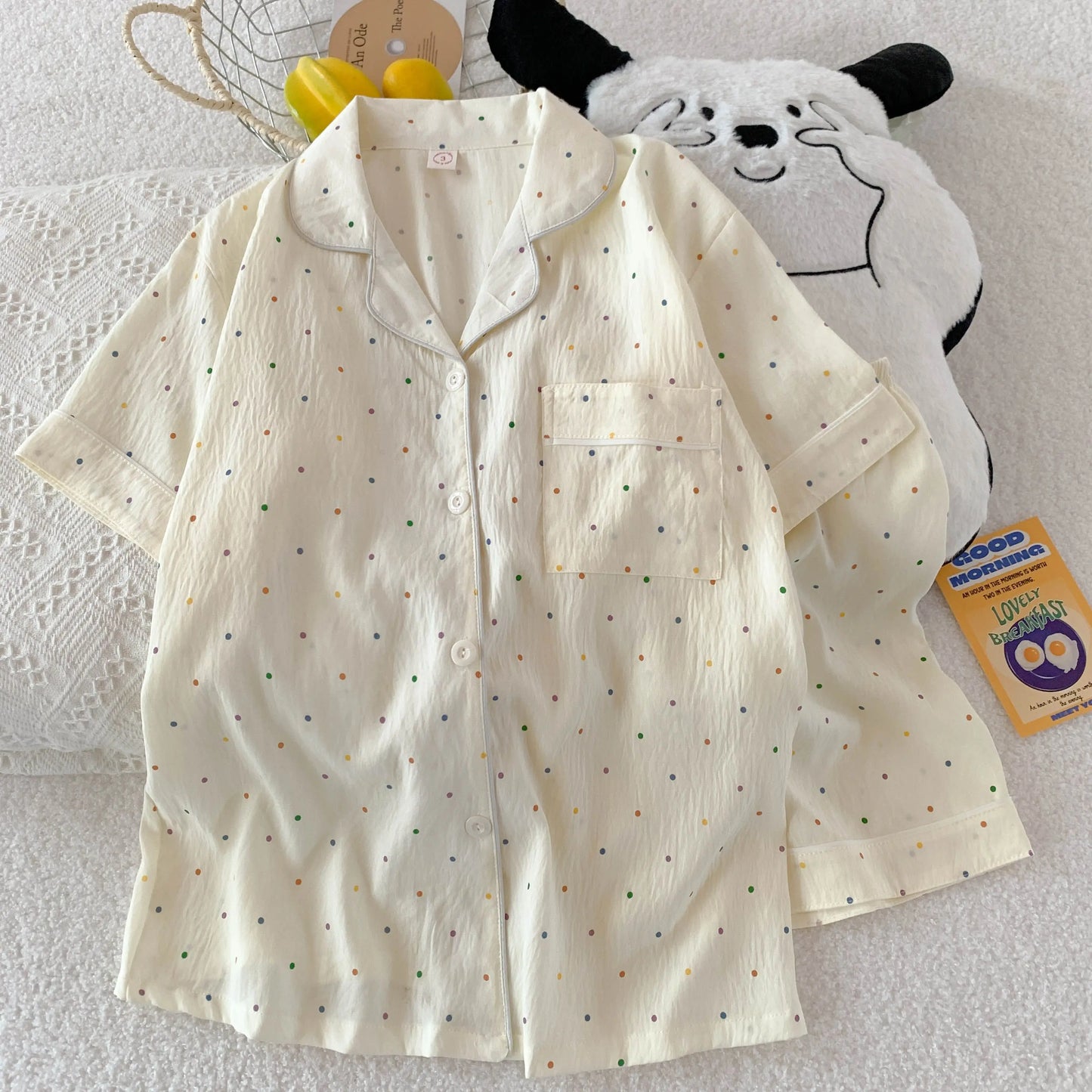 Polka Dot Women's Pajama Set | Cotton Sleepwear Top & Shorts | Casual Comfortable 2-Piece Home Outfit