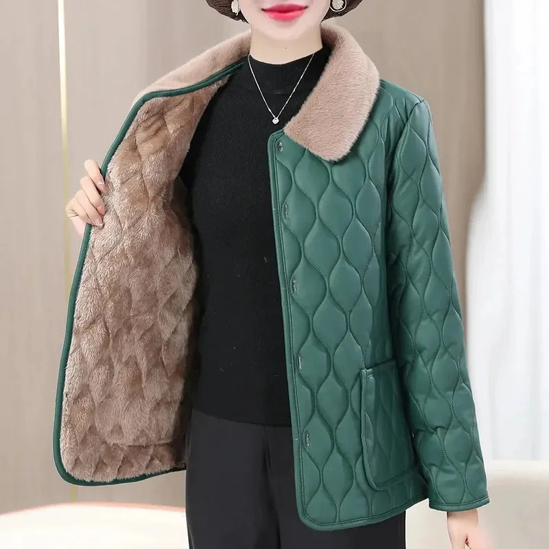 Winter Plush Jacket Plus Size Loose Thick Fur Collar Coat for Mid-Aged Women Velvet Quilted Warm Coat