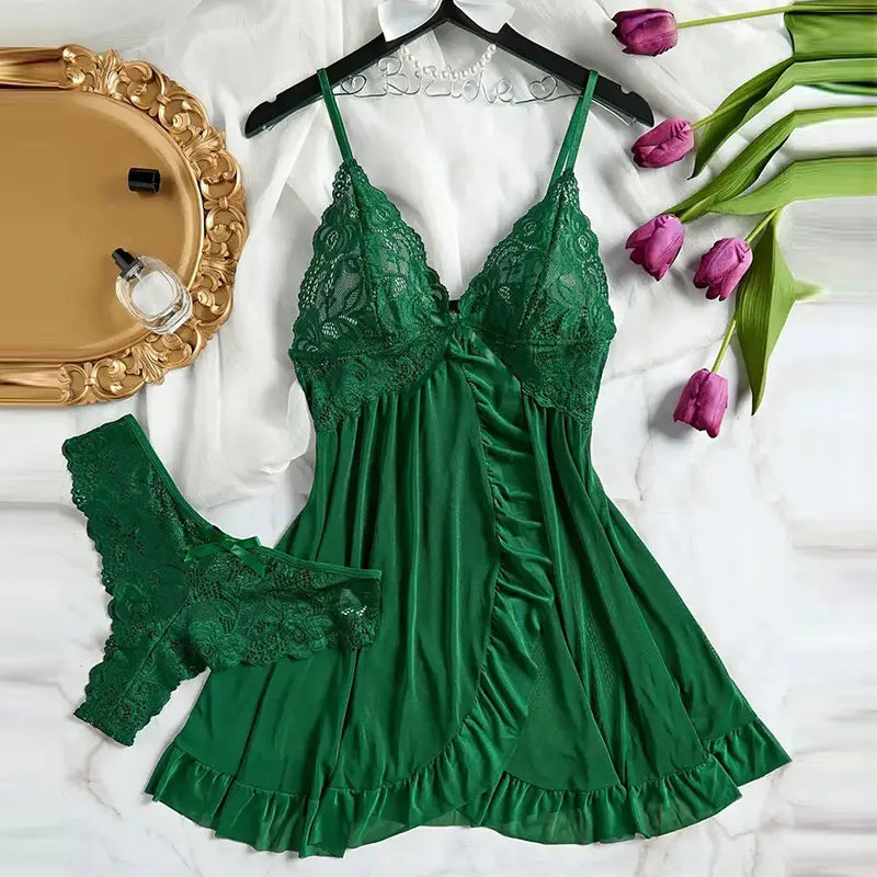 Summer Women's Sexy Sleepwear Set | Lace Sheer Backless V-Neck Nightdress with Thong | Soft Solid Color Pajamas