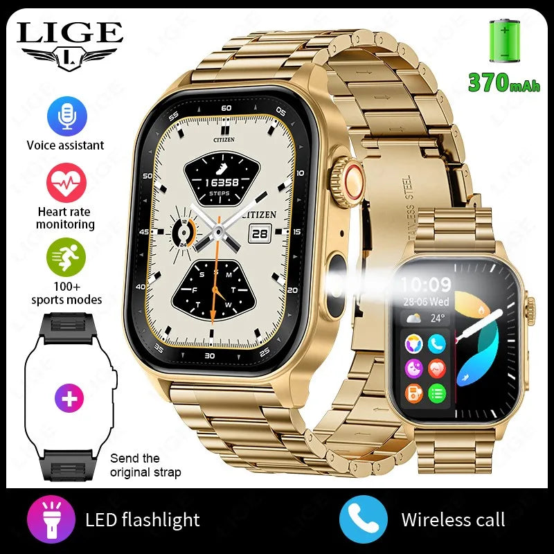 LIGE New Smart Watch | 2.01” HD Screen, AI Voice, Bluetooth Call, Flashlight, Sports & Health Monitor Smartwatch