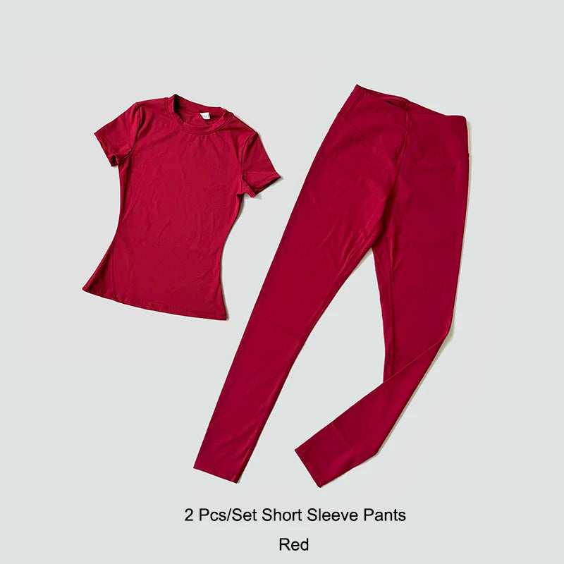 Quick-Drying Gym Leggings Set – Breathable Stretchy Slim Fitness Sport Suit with Short Sleeve Active Top