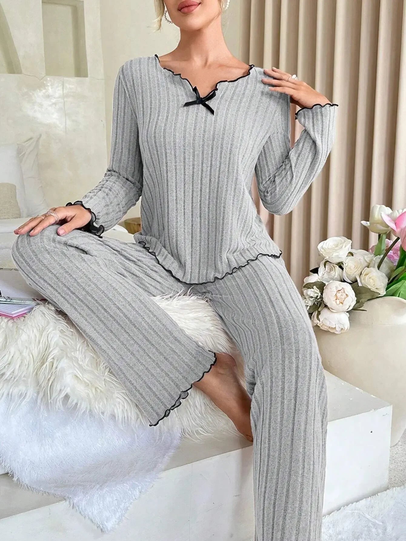 Autumn Winter Women's Ribbed Pajama Set | Long Sleeve Top & Pants 2-Piece Casual Homewear