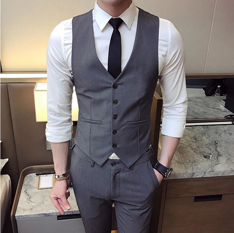 Men's Single-Breasted Slim Fit Vest – High-End Grey/Black Formal Business Waistcoat 7XL