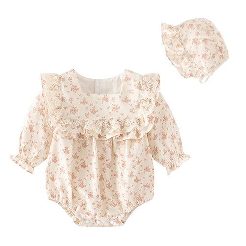 Baby Girl Romper Set Long Sleeve Cotton Korean Style Outfit with Hat 0-24M