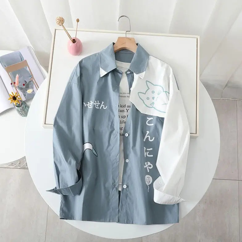 New 2025 Spring Women Hooded Shark Print Japanese Style Patchwork Harajuku Hoodie Jacket