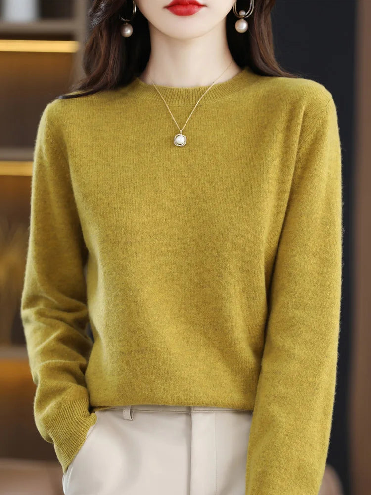 Fashion 100% Merino Wool Cashmere O-Neck Sweater Women Long Sleeve Knitwear