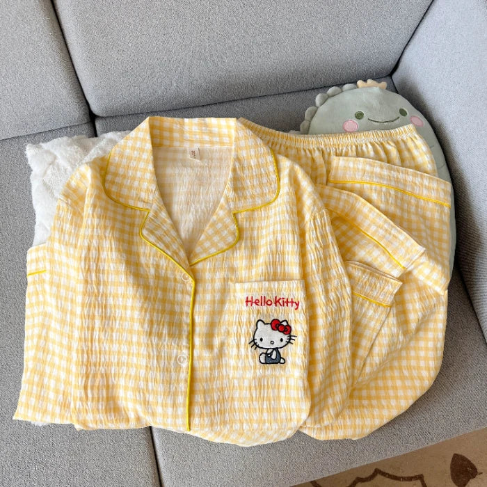 Autumn Women's Plaid Pajama Set | Korean Style Embroidered Dog 2-Piece Soft Vintage Sleepwear