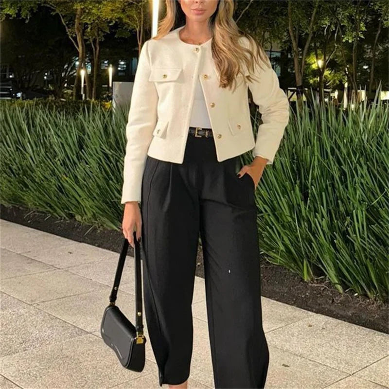 MUJER 2025 Cropped Tweed Jacket Women Elegant Button Long Sleeve Short Coat Fashion Outerwear